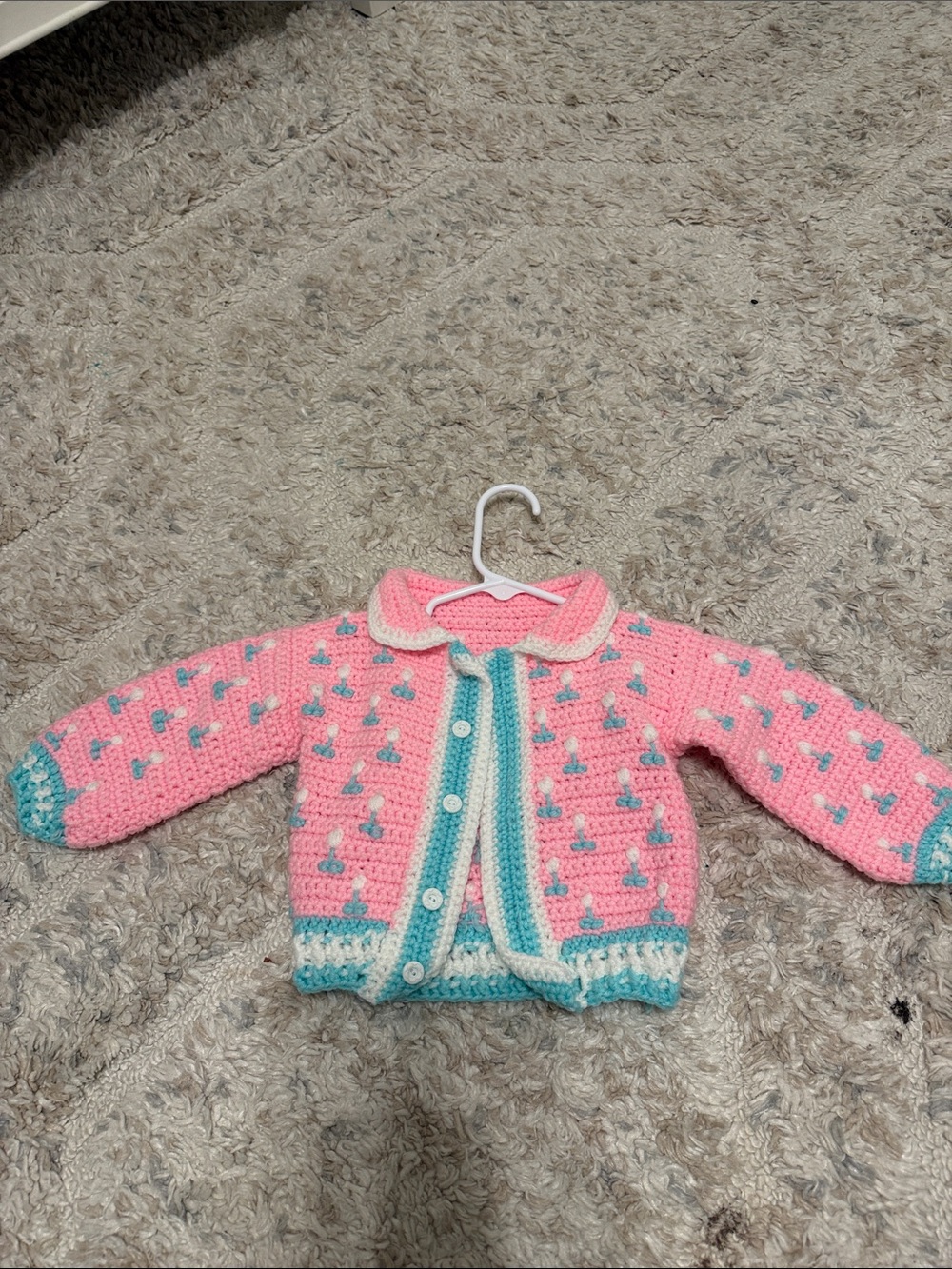 Pink & Teal Crochet Baby Cardigan - Classic Handcrafted Knit